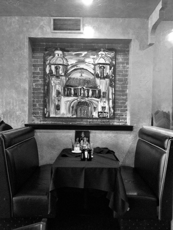 Painting of Sacred Heart Church in the Mining Exchange Hotel both in Colorado Springs, CO